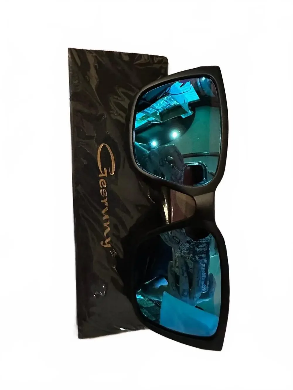 Gesruny Sunglasses with Blue Reflective Lenses and Black Frame